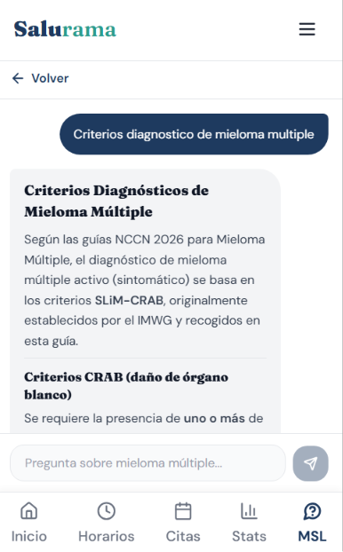 Chat de MSL Virtual mostrando la pregunta "Criterios diagnóstico de mieloma múltiple" y el inicio de la respuesta basada en las guías NCCN 2026
