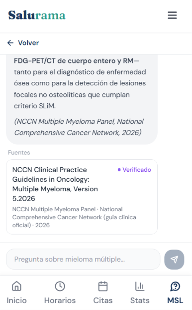 Bloque de fuentes de MSL Virtual mostrando la guía NCCN Clinical Practice Guidelines in Oncology con etiqueta "Verificado"