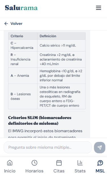 Respuesta de MSL Virtual con tabla estructurada de criterios CRAB (Hipercalcemia, Insuficiencia renal, Anemia, Lesiones óseas)